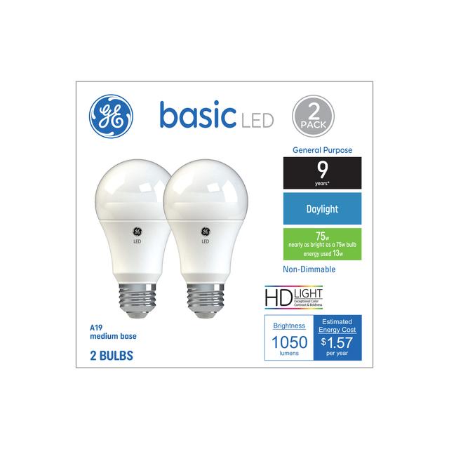 GE Basic LED 75 Watt Replacement, Daylight, A19 General Purpose Bulbs (2 Pack)