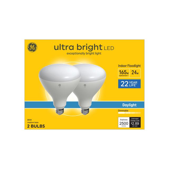 GE Ultra Bright LED 165 Watt Replacement, Daylight, BR40 Indoor Floodlight Bulbs (2 Pack)