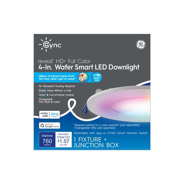 GE CYNC reveal HD+ Full Color Smart LED Wafer, 4 pouces, fonctionne avec Amazon Alexa et Google Assistant, Bluetooth et Wi-Fi (1 Enabled Pack)