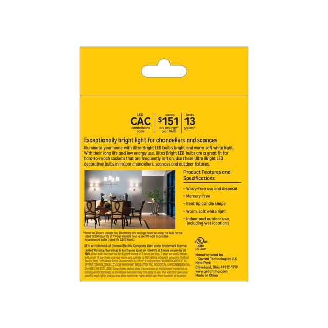 GE Ultra Bright LED 100 Watt Replacement, Soft White, CA12 Deco - Candle Bulbs (3 Pack)