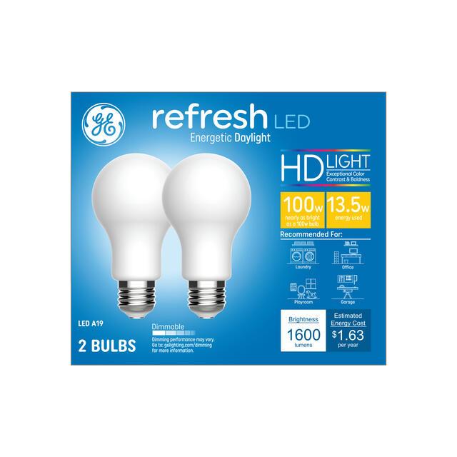GE Refresh HD LED 100 Watt Replacement, Daylight, A19 General Purpose Bulbs (2 Pack)