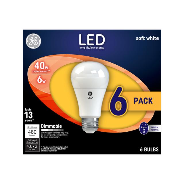 GE Classic LED 40 Watt Replacement, Soft White, A19 General Purpose Bulbs (6 Pack)