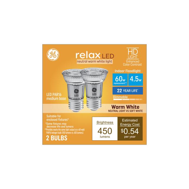 GE Relax HD LED 60 Watt Replacement, Warm White, PAR16 Indoor Floodlight Bulbs (2 Pack)