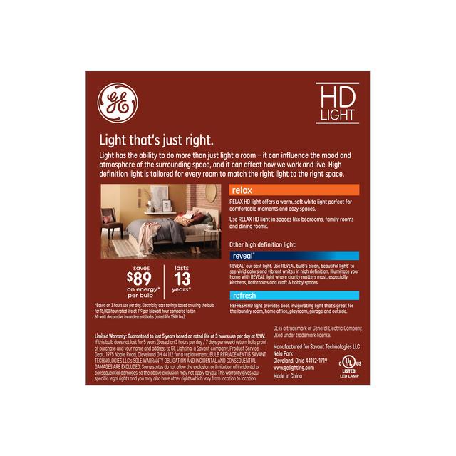 GE Relax HD LED 60 Watt Replacement, Soft White, CA11 Deco - Candle Bulbs (3 Pack)
