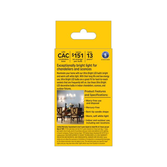GE Ultra Bright LED 100 Watt Replacement, Soft White, CA12 Deco - Candle Bulbs (2 Pack)