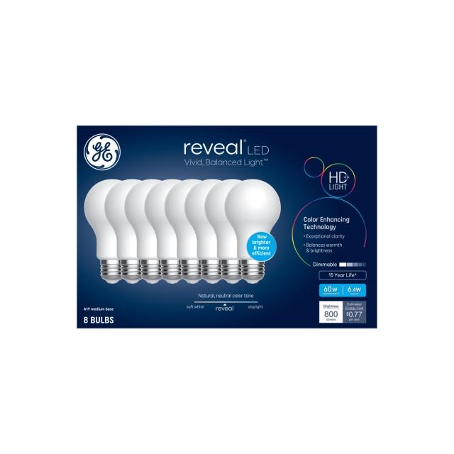 GE Reveal HD+ LED 60 Watt Replacement, Reveal, A19 General Purpose Bulbs (8 Pack)