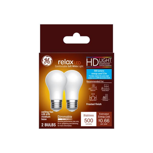 GE Relax HD LED 60 Watt Replacement, Soft White, A15 Ceiling Fan Bulbs (2 Pack)