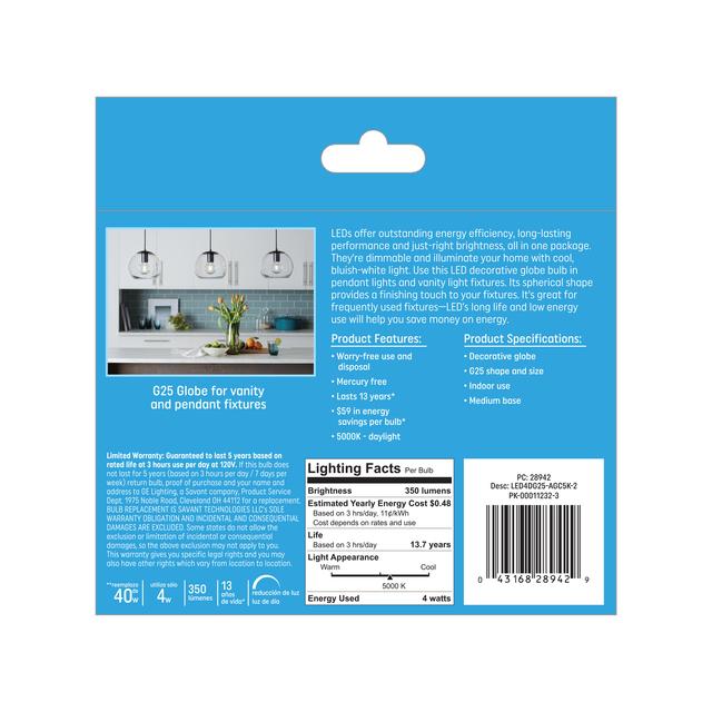 GE Classic LED 40 Watt Replacement, Daylight, G25 Vanity - Globe Bulbs (2 Pack)