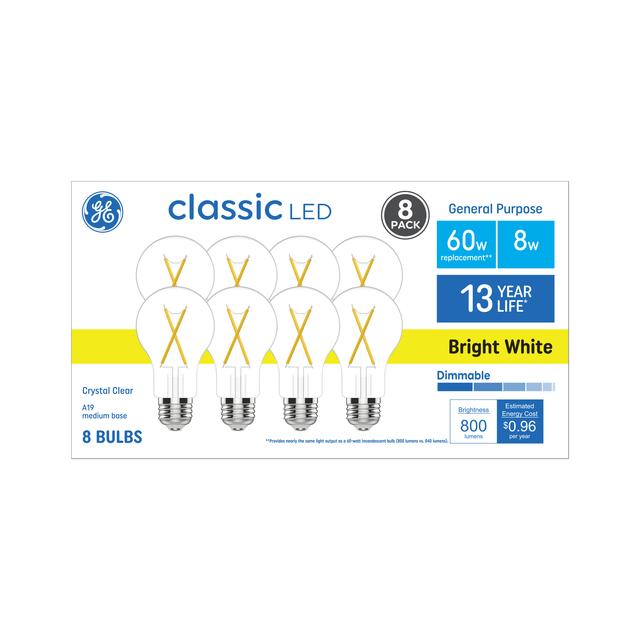 GE Classic LED 60 Watt Replacement, Bright White, A19 General Purpose Bulbs (8 Pack)