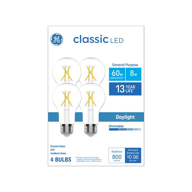 GE Classic LED 60 Watt Replacement, Daylight, A19 General Purpose Bulbs (4 Pack)
