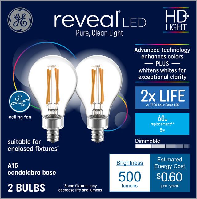 GE Reveal HD+ LED 60 Watt Replacement, Reveal, A15 Ceiling Fan Bulbs (2 Pack)