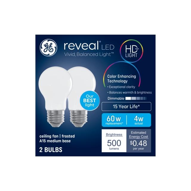 GE Reveal HD+ LED 60 Watt Replacement, Reveal, A15 Ceiling Fan Bulbs (2 Pack)
