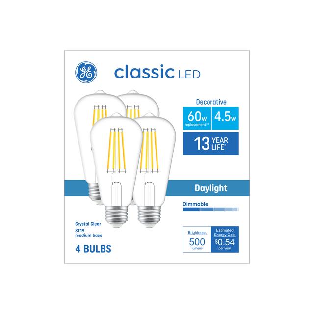 GE Classic LED 60 Watt Replacement, Daylight, ST19 Edison Bulbs (4 Pack)