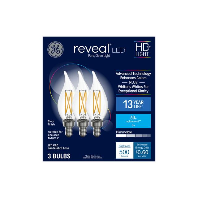 GE Reveal HD+ LED 60 Watt Replacement, Reveal, CA11 Deco - Candle Bulbs (3 Pack)