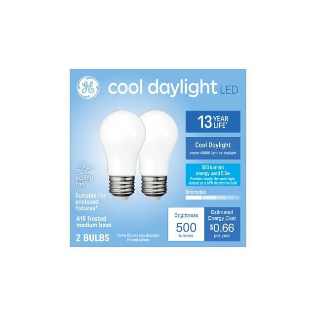 GE Classic LED 60 Watt Replacement, Cool Daylight, A15 Ceiling Fan Bulbs (2 Pack)