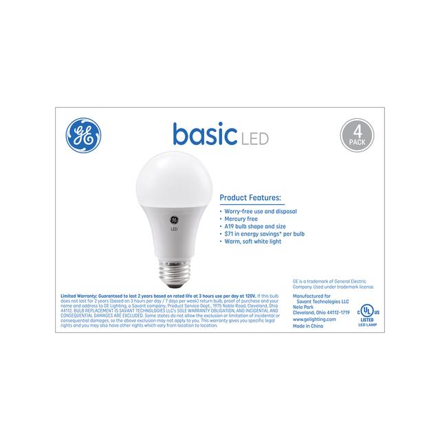 GE Basic LED 100 Watt Replacement, Soft White, A19 General Purpose Bulbs (4 Pack)