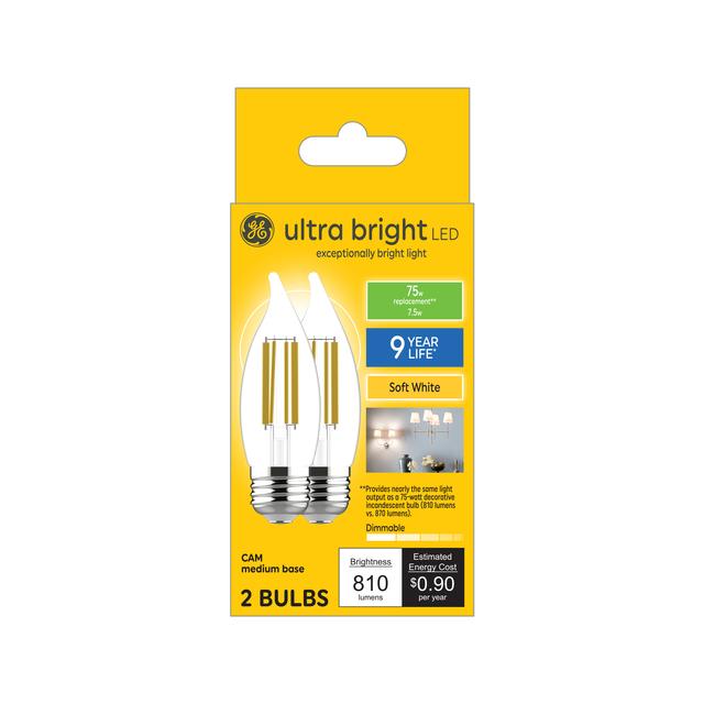 GE Ultra Bright LED 75 Watt Replacement, Soft White, CA11 Deco - Candle Bulbs (2 Pack)