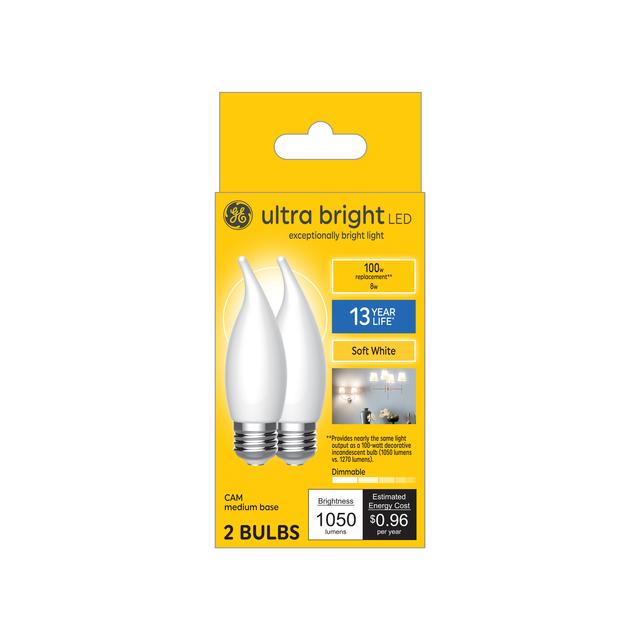 GE Ultra Bright LED 100 Watt Replacement, Soft White, CA12 Deco - Candle Bulbs (2 Pack)