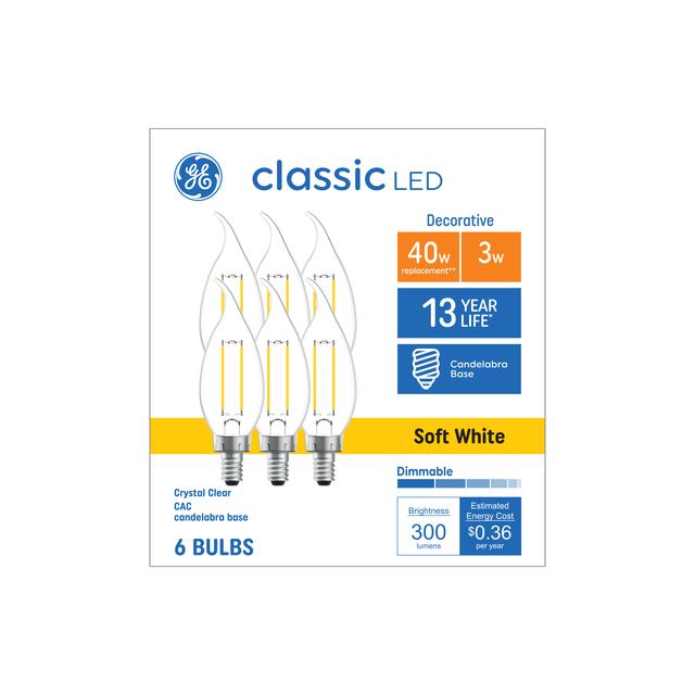 GE Classic LED 40 Watt Replacement, Soft White, CA11 Deco - Candle Bulbs (6 Pack)