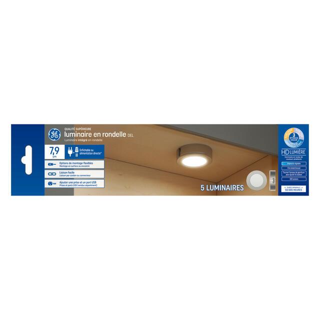GE Puck Light, 3-Color White, Direct Wire & Plug-In, 3.1in Linkable Fixtures (5-Pack)