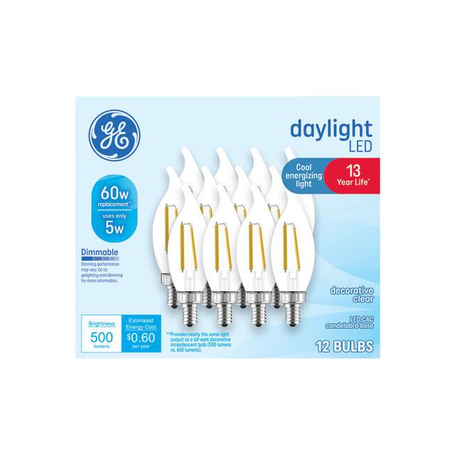 GE Classic LED 60 Watt Replacement, Daylight, CA11 Deco - Candle Bulbs (12 Pack)