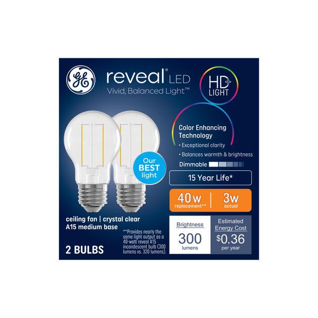 GE Reveal HD+ LED 40 Watt Replacement, Reveal, A15 Ceiling Fan Bulbs (2 Pack)