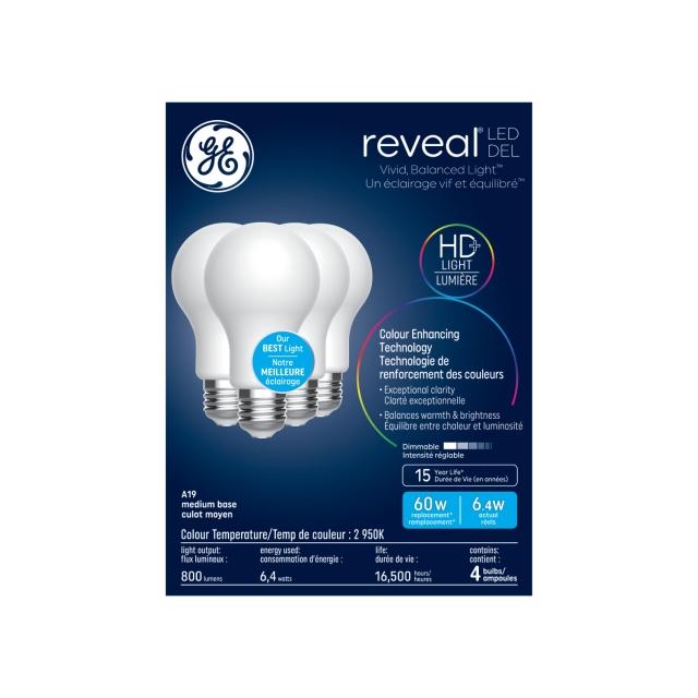 GE Reveal HD+ LED 60 Watt Replacement, Reveal, A19 General Purpose Bulbs (4 Pack)