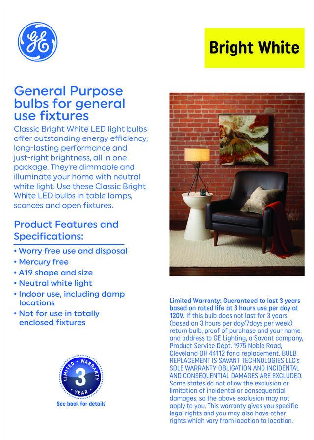GE Classic LED 60 Watt Replacement, Bright White, A19 General Purpose Bulbs (4 Pack)
