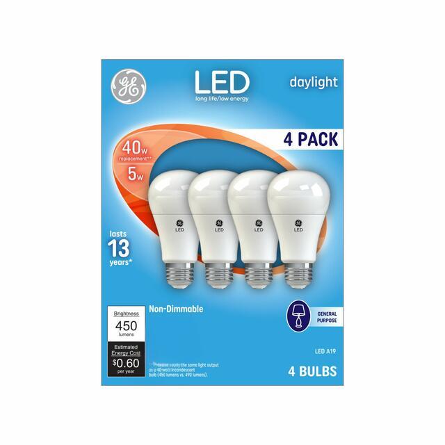 GE LED Light Bulbs, A19 General Purpose Bulbs, 40 Watt Replacement, Daylight (4 Pack)
