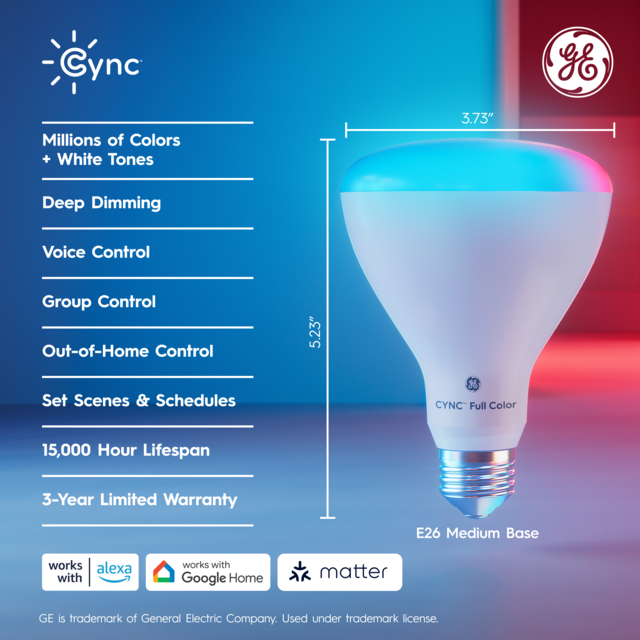 GE Cync Reveal BR30 Smart LED Light Bulb, Color Changing Smart Light, Matter Compatible, Works with Alexa and Google Home (1 Pack)