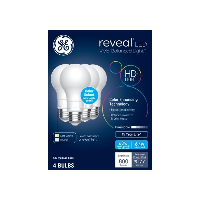 GE Reveal HD+ LED 60 Watt Replacement, Reveal + Soft White, A19 General Purpose Bulbs (4 Pack)