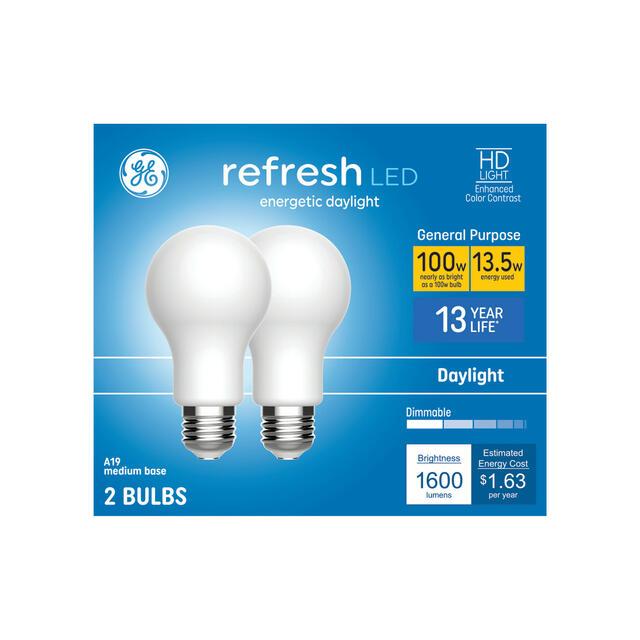 GE Refresh HD LED 100 Watt Replacement, Daylight, A19 General Purpose Bulbs (2 Pack)
