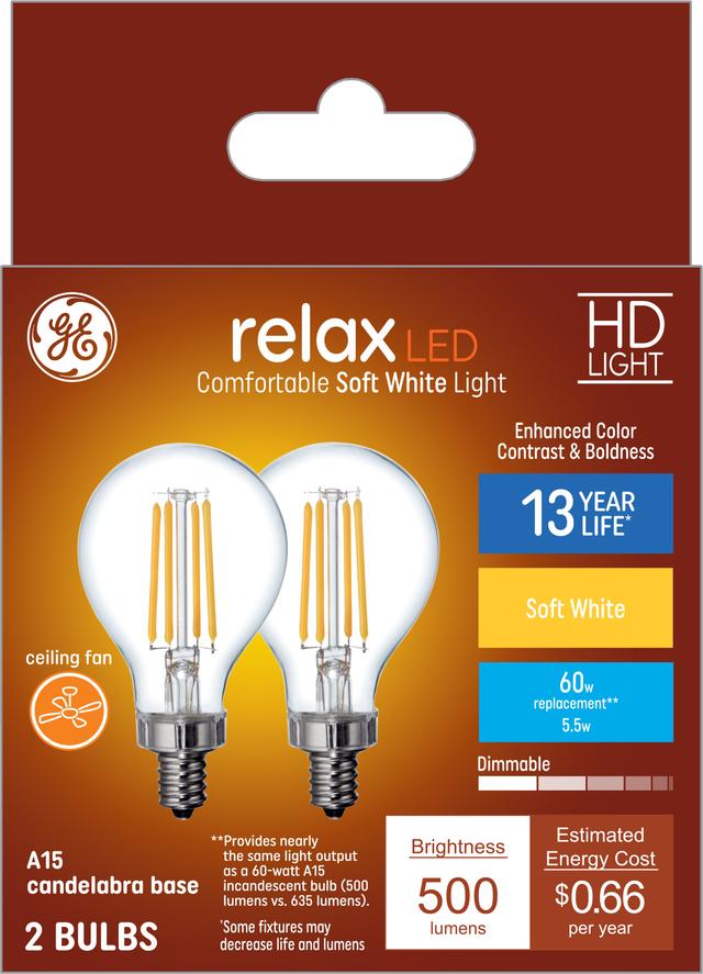GE Relax Remplacement de watt LED HD 60 , blanc doux, A15 ampoules de ventilateur de plafond ( 2 Pack)