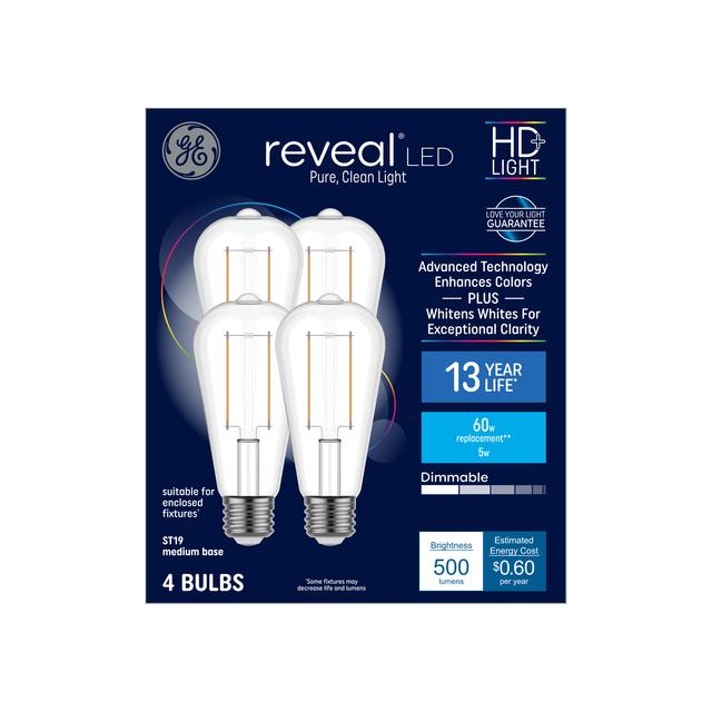 GE Reveal HD+ LED 60 Watt Replacement, Reveal, ST19 Edison Bulbs (4 Pack)