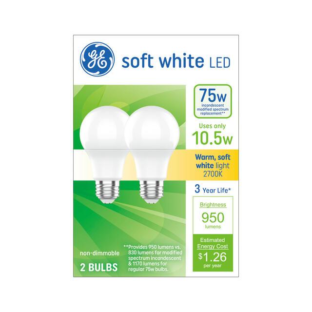 GE LED Light Bulbs, A19 General Purpose Bulbs, 75 Watt Replacement, Soft White (2 Pack)