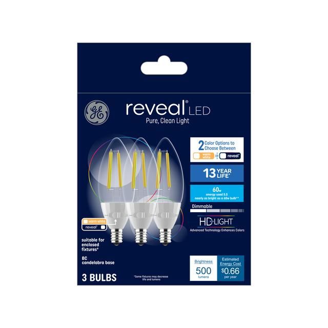 GE Reveal HD+ LED 60 Watt Replacement, Reveal, B11 Deco - Candle Bulbs (3 Pack)