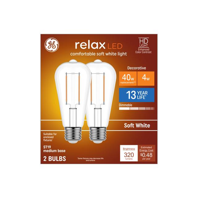 GE Relax HD LED 40 Watt Replacement, Soft White, ST19 Edison Bulbs (2 Pack)