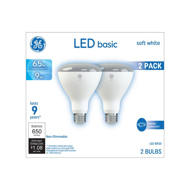 GE Basic LED 65 Watt Replacement, Soft White, BR30 Indoor Floodlight Bulbs (2 Pack)