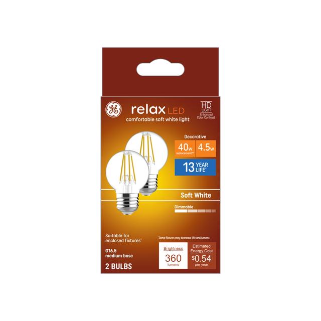 GE Relax HD LED 40 Watt Replacement, Soft White, G16.5 Vanity - Globe Bulbs (2 Pack)