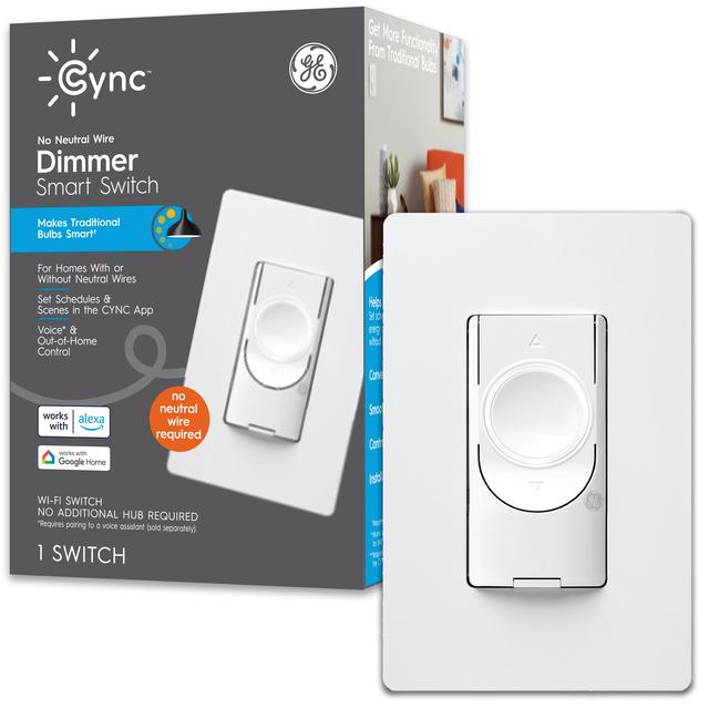 GE Lighting CYNC Smart Dimmer Light Switch, No Neutral Wire Required, Bluetooth and 2.4 GHz Wi-Fi 3-Wire Switch, Works with Alexa and Google Home, White (1 Pack)