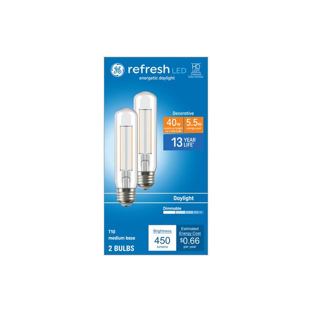 GE Refresh HD LED 40 Watt Replacement, Daylight, T10 Deco - Tubular Bulbs (2 Pack)
