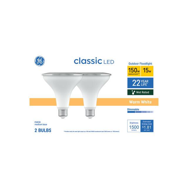 GE Classic LED 150 Watt Replacement, Warm White, PAR38 Outdoor Floodlight Bulbs (2 Pack)