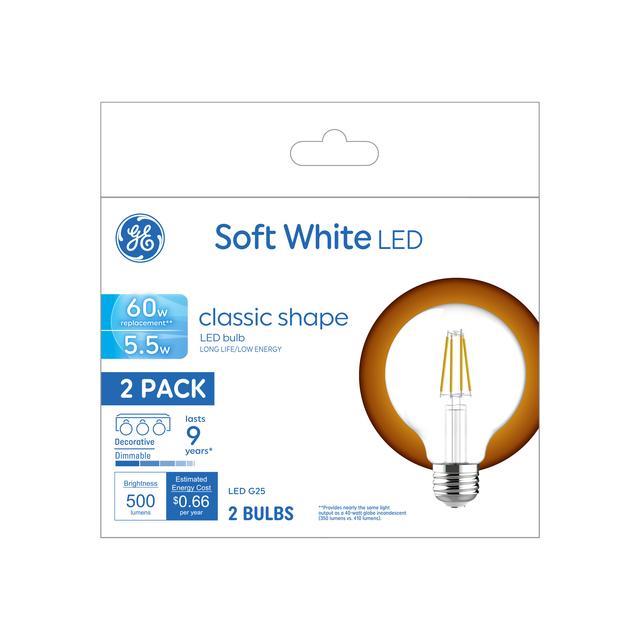 GE Basic LED 60 Watt Replacement, Soft White, G25 Vanity - Globe Bulbs (2 Pack)