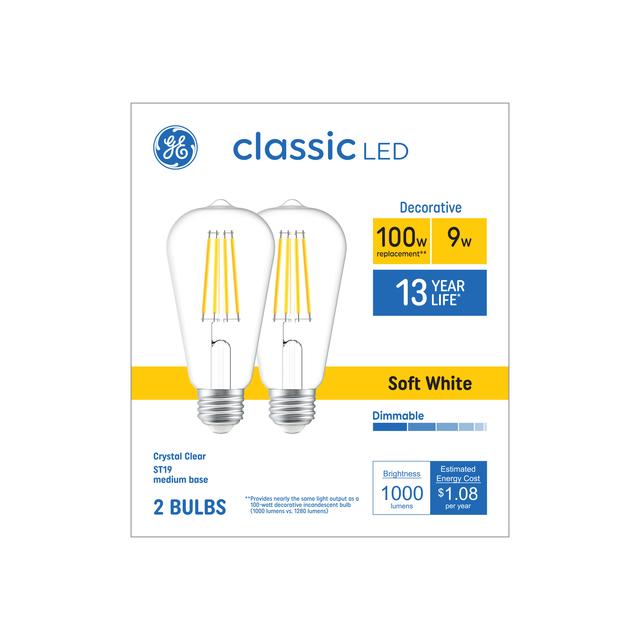 GE Classic LED 100 Watt Replacement, Soft White, ST19 Edison Bulbs (2 Pack)