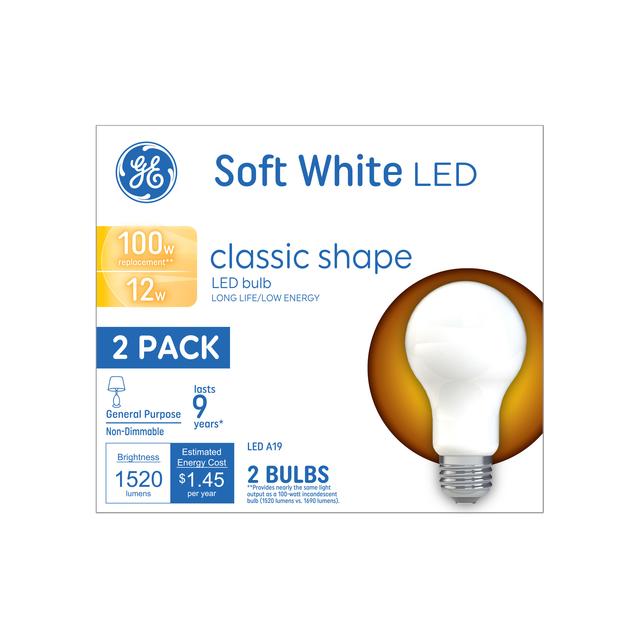 GE Basic LED 100 Watt Replacement, Soft White, A19 General Purpose Bulbs (2 Pack)