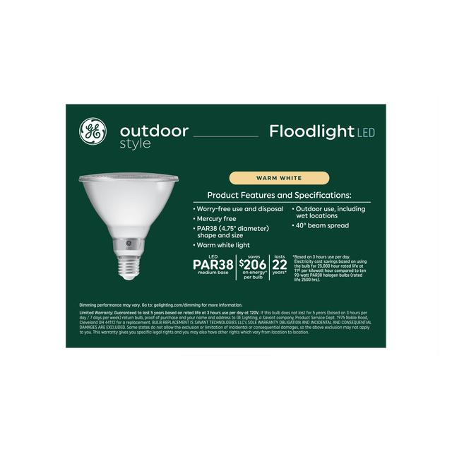 GE Outdoor Style LED 90 Watt Replacement,Warm White, PAR38 Outdoor Floodlight Bulbs (2 Pack)