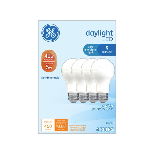 GE Basic LED 40 Watt Replacement, Daylight, A19 General Purpose Bulbs (4 Pack)