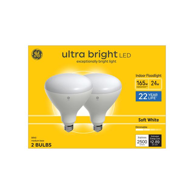 GE Ultra Bright LED 165 Watt Replacement, Soft White, BR40 Indoor Floodlight Bulbs (2 Pack)