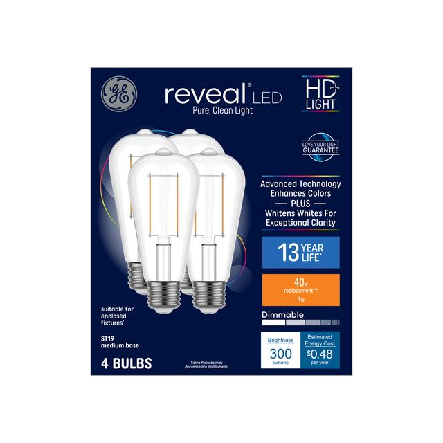 GE Reveal HD+ LED 40 Watt Replacement, Reveal, ST19 Edison Bulbs (4 Pack)