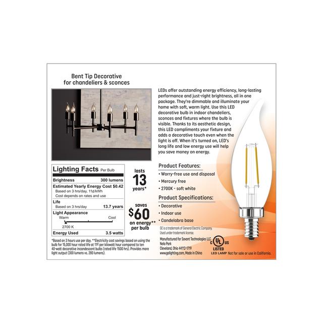 GE Classic LED 40 Watt Replacement, Soft White, CA11 Deco - Candle Bulbs (4 Pack)